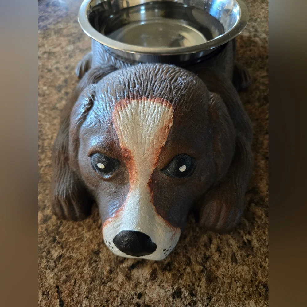 Dog-Shaped Cast Iron Heavy Duty Brown Pet Bowl With Stainless Steel Insert